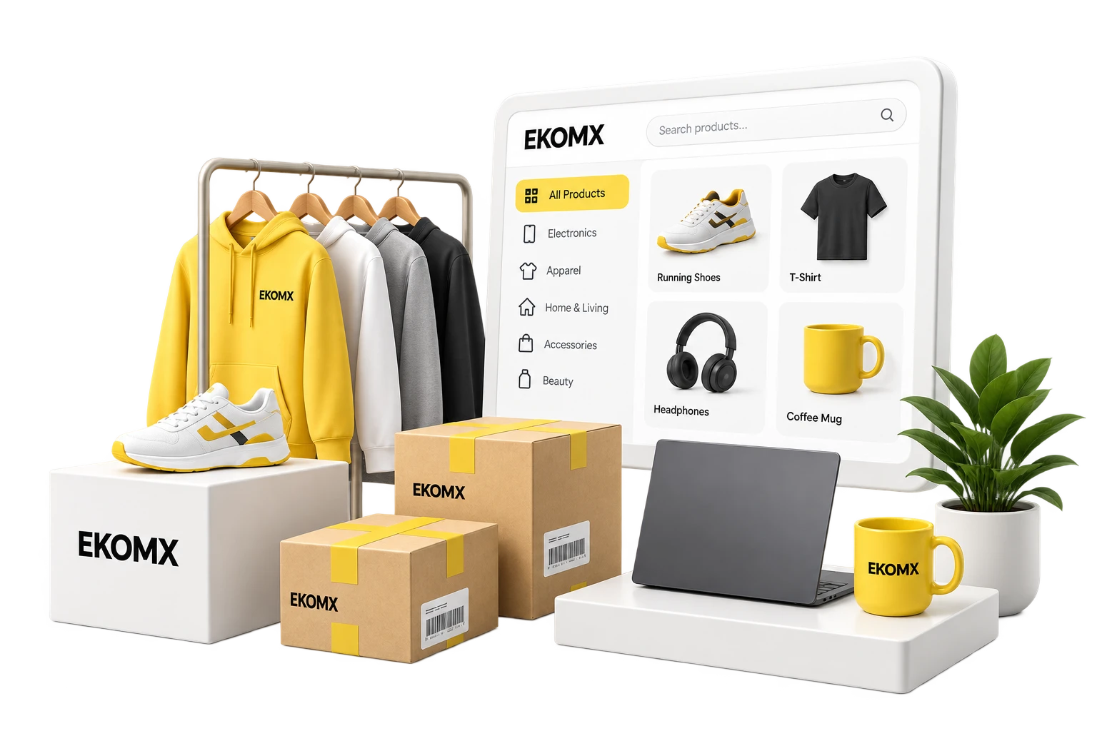 EkomX product catalogue workspace with products, inventory, and parcels