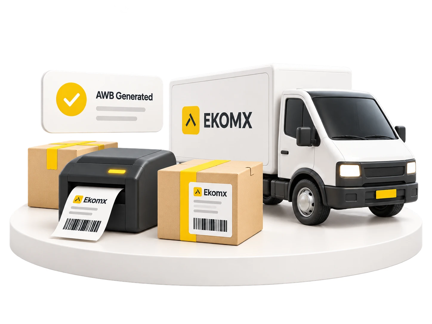 EkomX fulfilment scene with delivery truck, label printer, and parcels