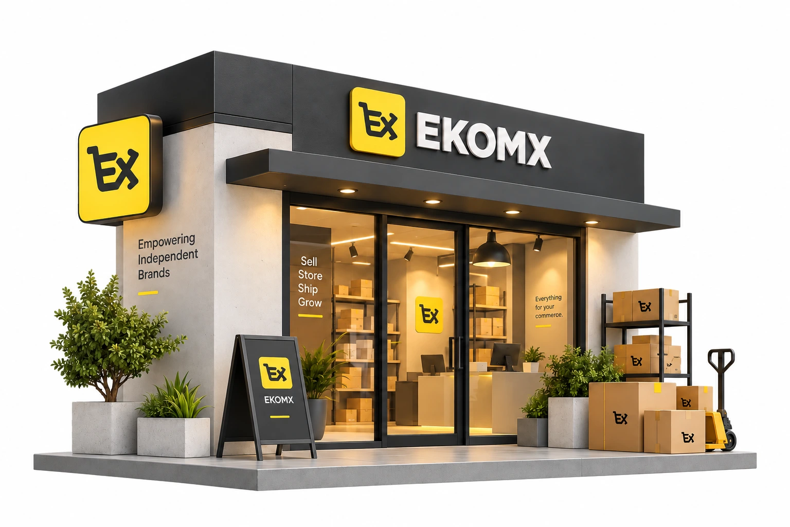 EkomX branded storefront with product displays and seller parcels